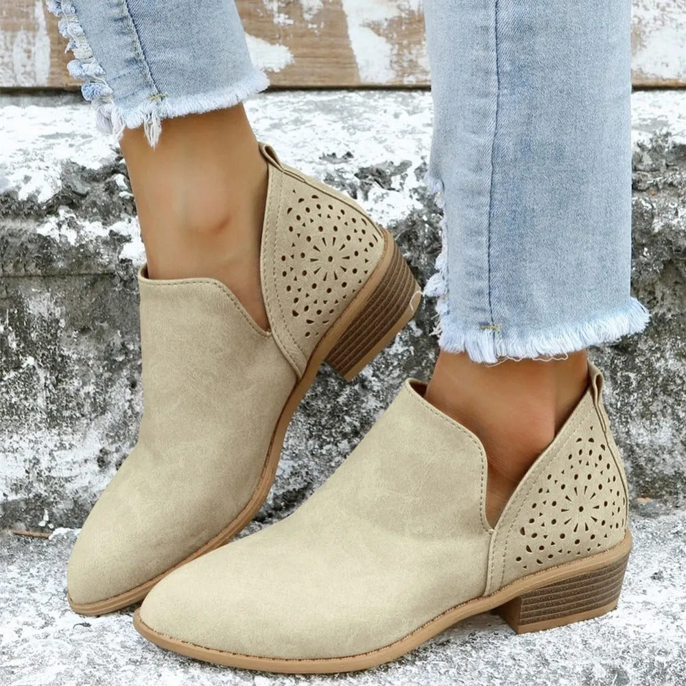 Women's Ankle V Cut Short Boots, Hollow Out Chunky Heel Pointed Toe Shoes, Women's Footwear