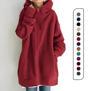 Women's Hooded Zipper Mid-Length Coat with Pockets Winter Warm Long Sleeve Sweatshirt